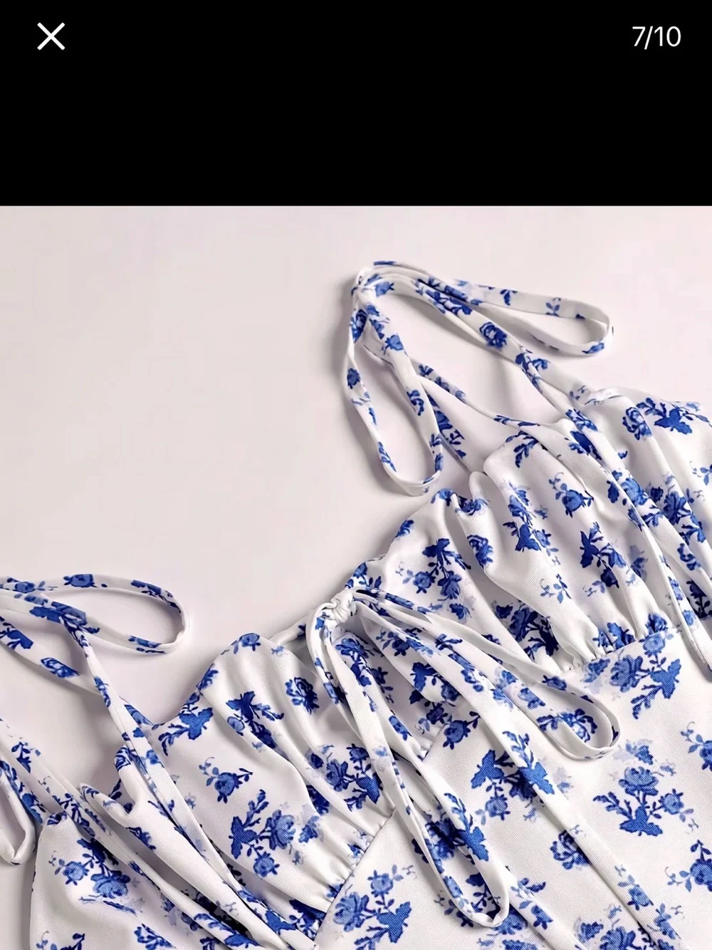 Front-Tie Ditsy Blue Floral Strappy Maxi Mermaid Milkmaid Dress Vacation Sz S - Picture 3 of 5